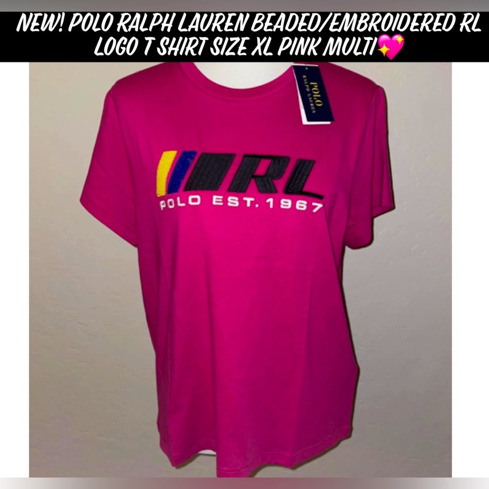 New! Polo Ralph Lauren Beaded/Embroidered RL Logo T Shirt Size XL Pink Multi💖